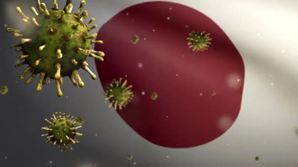 Japon bayrağı üzerinde sallanan grip koronavirüsü solunum yoluna saldıran bir patojen. Covid19 virüs enfeksiyonu salgınıyla dolu Japonya pankartı. - Video, Çekim