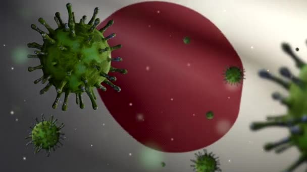 Koronavirüs salgınıyla dalgalanan Japon bayrağı solunum sistemini tehlikeli grip olarak etkiliyor. Arkaplanda ulusal Japonya bayrağı dalgalanan Covid 19 tipi bir virüs. - Video, Çekim
