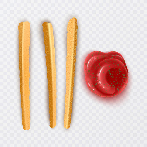 Frietjes met chilisaus en ketchup in realistische stijl, geïsoleerd op witte achtergrond, realistische vectorillustratie - Vector, afbeelding