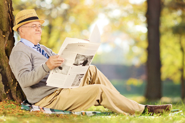 Gentleman reading newspaper in park - 写真・画像