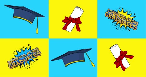 4k animációs rajzfilm gratulációval Graduates képregény stílusú szöveg, érettségi sapka és diploma. Diploma, a tanév végén készült felvételek. Üdvözlőlapok, közösségi média bejegyzések és mozgóplakátok. - Felvétel, videó