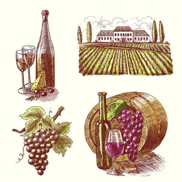 Wine sketch decorative set - Vector, Image