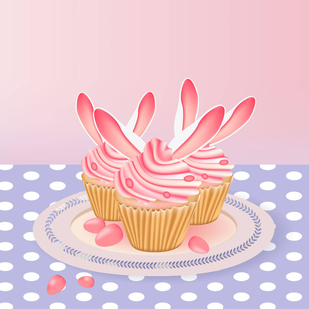 cupcake with pink icing. Happy Easter. Bunny cookies set on the table. Vector illustration - Vector, Image