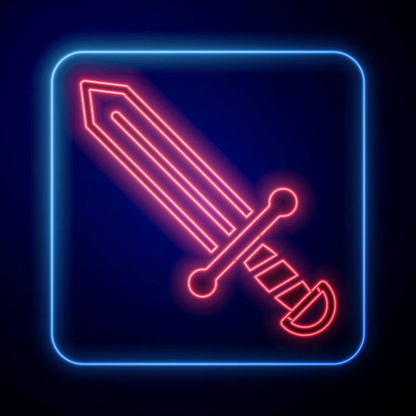 Gloeiende neon Middeleeuws zwaard icoon geïsoleerd op zwarte achtergrond. Middeleeuws wapen. Vector. - Vector, afbeelding