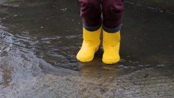 Sarı lastik çizmelerle su birikintilerinden atla. Yağmurda yürümek ve kötü havanın tadını çıkarmak çocukluğa düşmek ve ıslak su birikintilerinde koşmak. Yüzü olmayan bacak videosu. - Video, Çekim