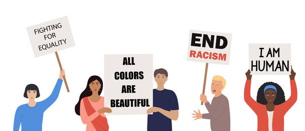 Des personnes de différentes nationalités et cultures tenant une affiche de protestation Halte au racisme. Égalité raciale. Africaine, asiatique, chinoise, européenne, indienne. Luttez pour les droits. Illustration vectorielle plate - Vecteur, image