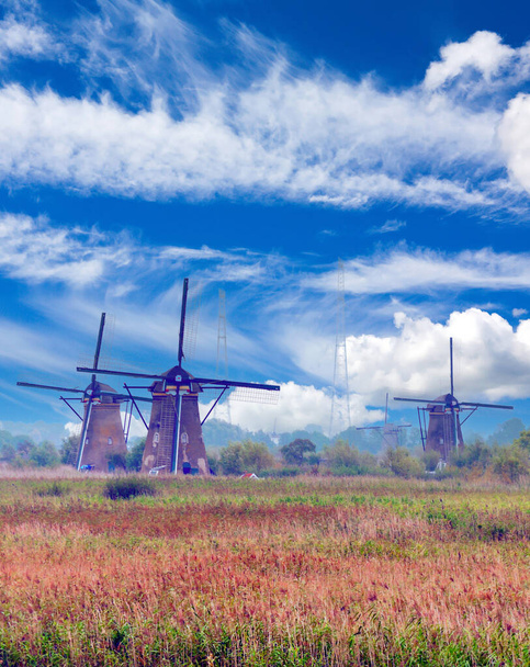 Μύλοι στο Kinderdijk στην Ολλανδία μια συννεφιασμένη μέρα - Φωτογραφία, εικόνα