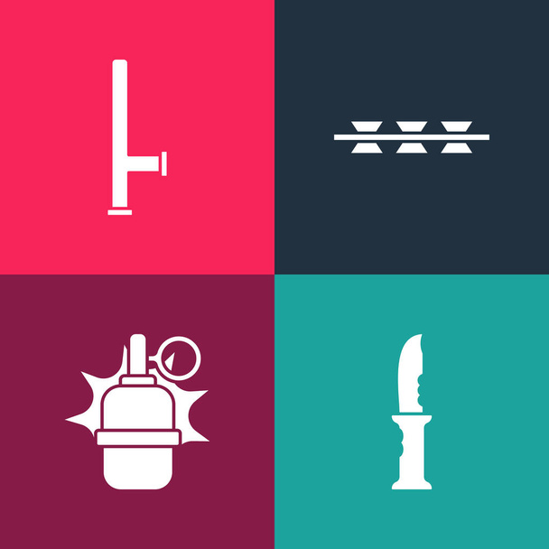Set pop art Military knife, Hand grenade, Barbed wire and Police rubber baton icon. Vector. - Vector, Image