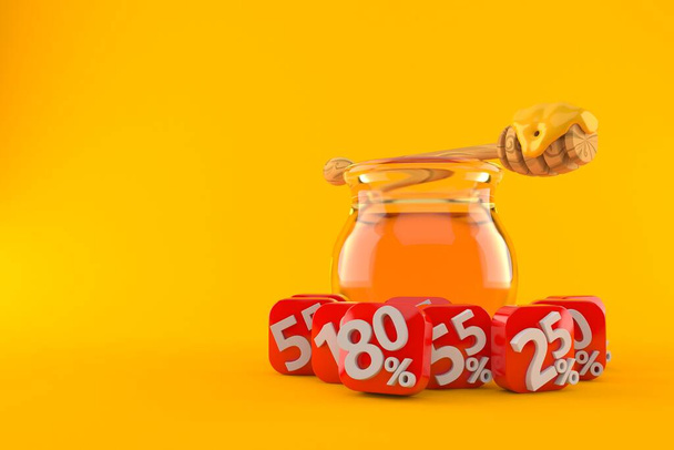 Honigglas mit Prozentsymbolen isoliert auf orangefarbenem Hintergrund. 3D-Illustration - Foto, Bild