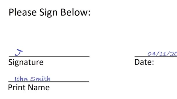 Assinatura de assinatura com data e nome de impressão no documento do arquivo de papel branco. Sinal de escrita à mão Primeiro e Último Nome on-line com letras cursivas. Por favor assine abaixo. - Filmagem, Vídeo