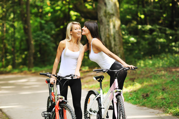 Portrait of pretty young women with bicycle in a park - Photo, Image