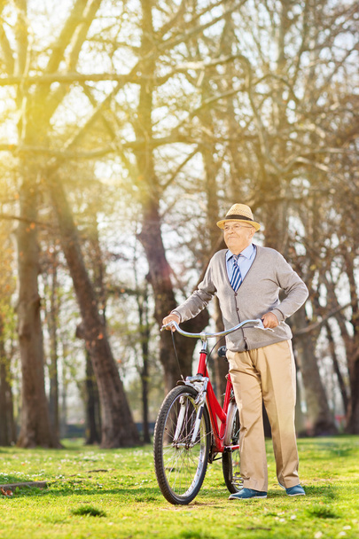 Senior man walking with bike - Photo, Image
