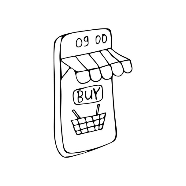Піктограма мобільного ринку Doodle у векторі. Інтернет-магазин концепції з телефоном і магазином. Рука намальована концепція онлайн-покупки з дисплеєм телефону та ринком
 - Вектор, зображення