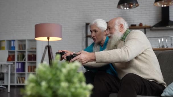 Moderne oude mensen tijdens binnenlandse gaming activiteit - Video