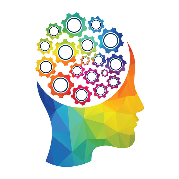 Technologie Human Head Logo Icon Design. Digitální žena hlava mozek tvar s ozubenými kolečky nápad inovace génius. - Vektor, obrázek