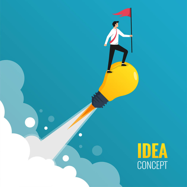 Businessman holding red flag standing on light bulb idea concept. Launching idea for success vector illustration. - Vector, Image