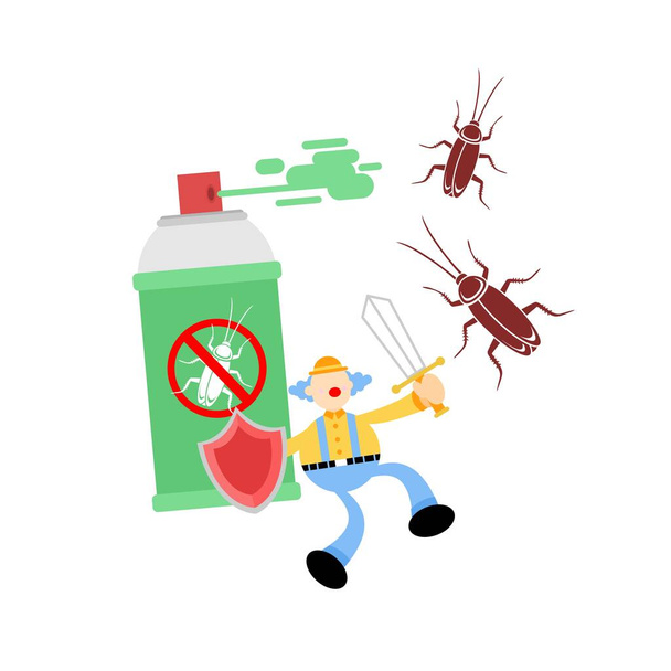 clown carnevale eradicare scarafaggio bug spray insetticida cartone animato doodle disegno piatto stile vettoriale illustrazione - Vettoriali, immagini