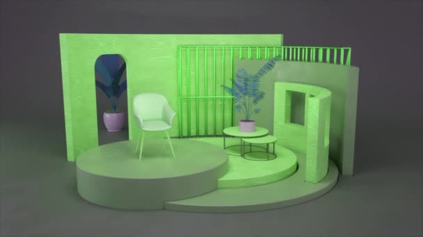 Abstract 3D layout of a green hall or lobby interior with walls, floor, , furniture, and plants. Animation. Concept of graphic design and architecture. - Footage, Video