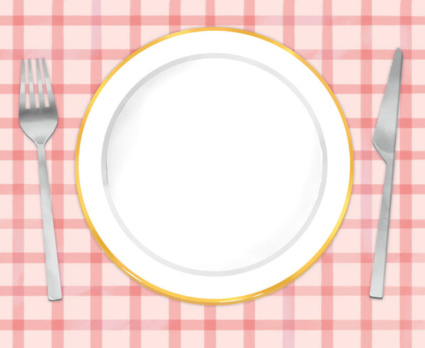 Ilustrace jednoduchého bílého talíře s nožem a vidličkou - Fotografie, Obrázek