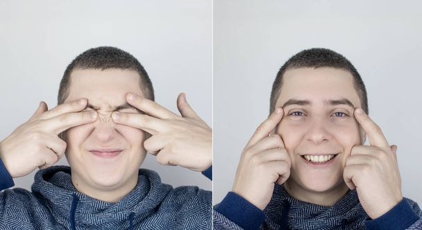 До и после. Слева мужчина указывает на боль в глазах, а справа указывает на то, что глаза больше не болят. Концепция оказания медицинской помощи при лечении конъюнктивита и усталости глаз - Фото, изображение