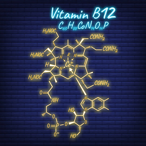 B12-vitamin címke és ikon világít neon stílusban. Vektor illusztráció elszigetelt fal háttér. Kémiai képlet és szerkezeti logó. - Vektor, kép