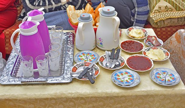 Moroccan breakfast coffee, tea, pancakes, jam, orange juice, egg,  - Photo, Image