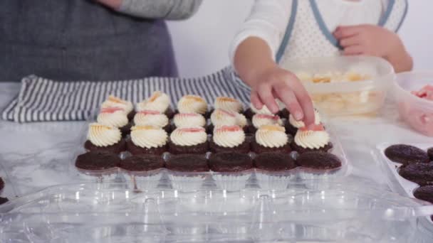décoration mini cupcakes au chocolat avec flocons de neige au chocolat et glaçage - Séquence, vidéo