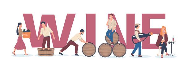 Winemaking banner. Process of wine production. People harvesting grapes and preparing alcoholic beverage in barrels, vector delivering of bottles with drink to clients in shops or bars - Vector, Image