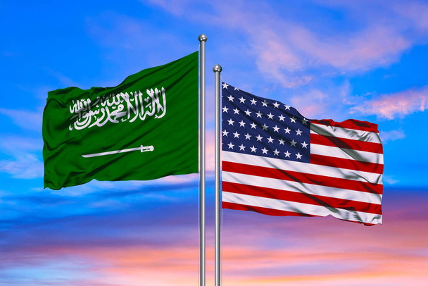 Illustrazione 3D di Stati Uniti d'America e Arabia Saudita Le bandiere sventolano nel cielo con nuvole scure - Foto, immagini