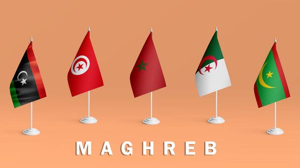 Арабський Магриб. Прапори Магриба, що стоять один навпроти одного: Алжир, Марокко, Туніс, Лівія і Мавританія. - Фото, зображення