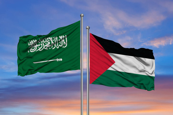 Palästinensische Flagge mit saudi-arabischer Flagge, 3D-Darstellung - Foto, Bild