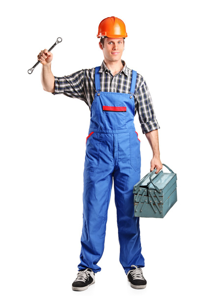 Repairman holding toolbox and wrench - Φωτογραφία, εικόνα
