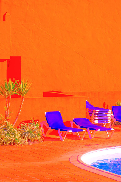 Fashion tropical location. Orange Hotel. Palm. Swimming pool. Canary islands. Travel advertising wallpaper - Photo, Image