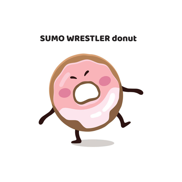 Funny  vector  flat cartoon kid's character sticker, illustration, mascot, icon, emoji  of pink glazed sumo wrestler donut - Vector, Image