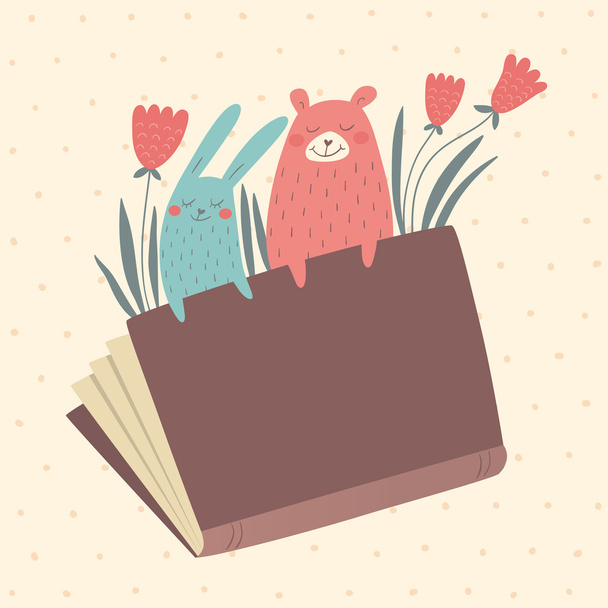 Εικονογράφηση φορέας bunny και της αρκούδας στο βιβλίο - Διάνυσμα, εικόνα