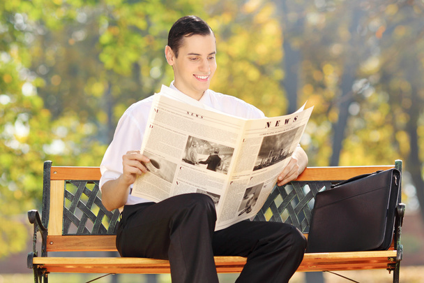 Businessman seated on bench reading a newspaper in a park - Zdjęcie, obraz