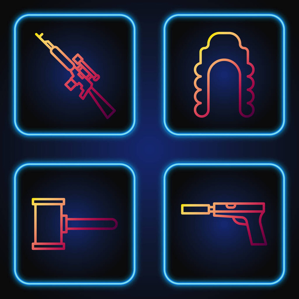 Set line Pistol or gun with silencer, Judge gavel, Sniper rifle with scope and Judge wig. Gradient color icons. Vector. - Vector, Image