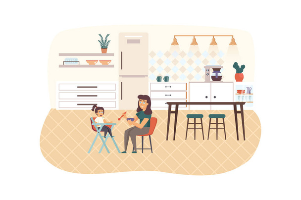 Happy young family with baby scene. Mother feeds her small daughter on highchair. Pregnancy, childhood, maternity and parenthood concept. Vector illustration of people characters in flat design - Vector, Image