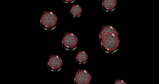 Cellules coronavirus. Petites gouttelettes contenant des pathogènes à propagation Covid-19. Groupe d'animation de virus qui causent des infections respiratoires. Reproduction 3D Illustration 3D - Photo, image