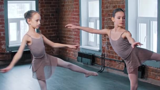 Kaksi ballerina tytöt koulutusta tanssistudiossa - Materiaali, video
