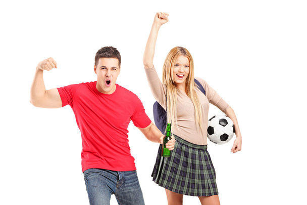 Male and female football supporters cheering - Foto, Imagem