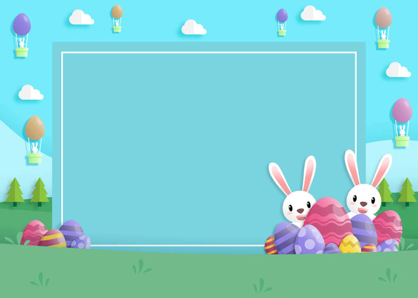 Buon giorno di Pasqua in stile cartaceo con coniglio e uova di Pasqua. biglietto di auguri, manifesti e carta da parati. Illustrazione vettoriale. - Vettoriali, immagini