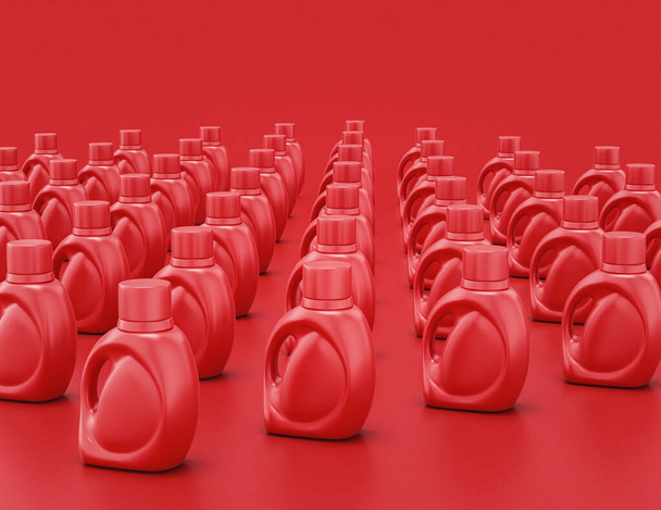 Gruppe von rot glänzenden Kunststoff-Reinigungsmittelbehältern auf rotem Hintergrund, flache Farben, einfarbig, 3D-Rendering, Reinigungsflüssigkeit für das Haus - Foto, Bild