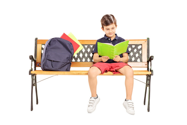 Schoolboy on bench reading book - Foto, Imagem