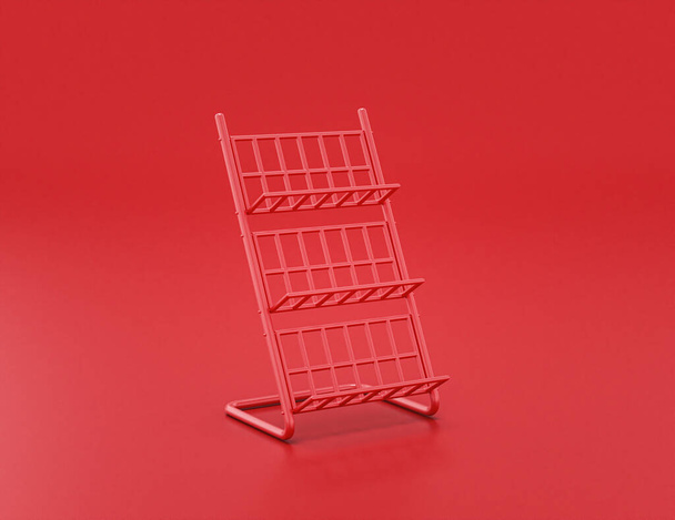 estante de revista de alambre monocromo en fondo rojo, colores planos, solo color, renderizado 3d, estante del boletín de noticias - Foto, Imagen