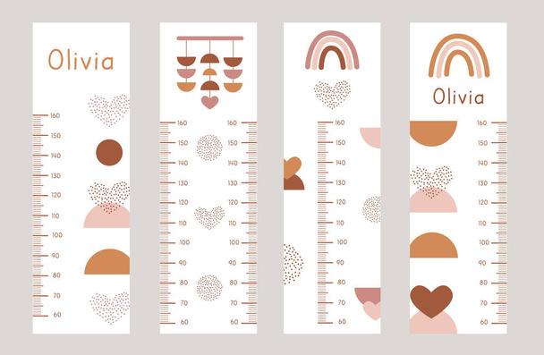 Vector Set of kids height charts with abstract boho shapes in terracotta colors. Meter wall with trendy flat art design. Children growth chart for girls. Bohemian earthy rainbow and heart for nursery. - Vector, Image