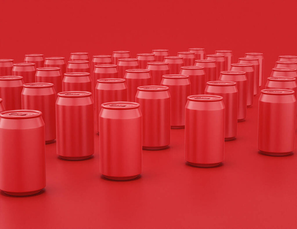 плоский колір блискучих червоних пластикових банок содової в рядках на червоному тлі, монохромний, однокольоровий, 3d рендерингу, фаст-фуду та напоїв
 - Фото, зображення
