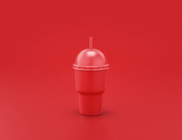 δοχείο αφρού από γυαλιστερό κόκκινο πλαστικό σε κόκκινο φόντο, επίπεδα χρώματα, μονόχρωμο, 3d rendering, δοχείο ποτών - Φωτογραφία, εικόνα