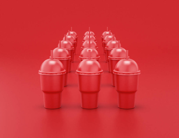 πολλαπλά ποτήρια υδαρούς κοπριάς σε μια σειρά γυαλιστερά κόκκινα πλαστικά δοχεία υδαρούς κοπριάς σε κόκκινο φόντο, επίπεδα χρώματα, μονό χρώμα, 3d rendering, δοχείο ποτών - Φωτογραφία, εικόνα