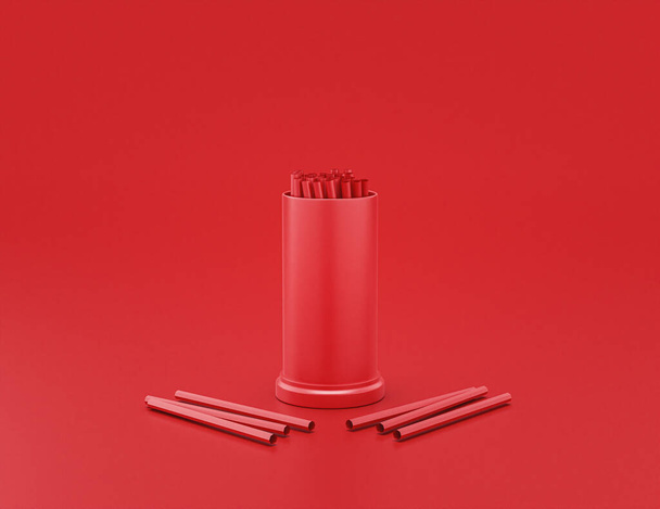 блестящий красный пластик соломы диспенсер в красном фоне, плоские цвета, одного цвета, 3d рендеринг, ресторан - Фото, изображение